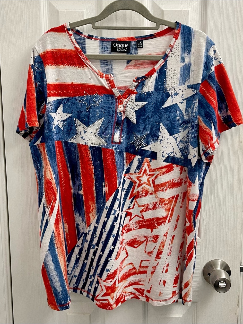 Onque Casuals Red, White & Blue Star Rhinestone Tee